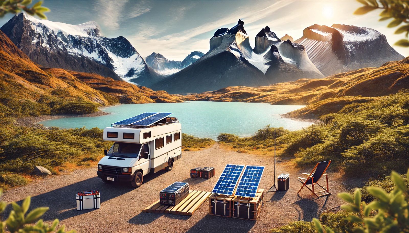 Camper con paneles solares en un paisaje del sur de Chile